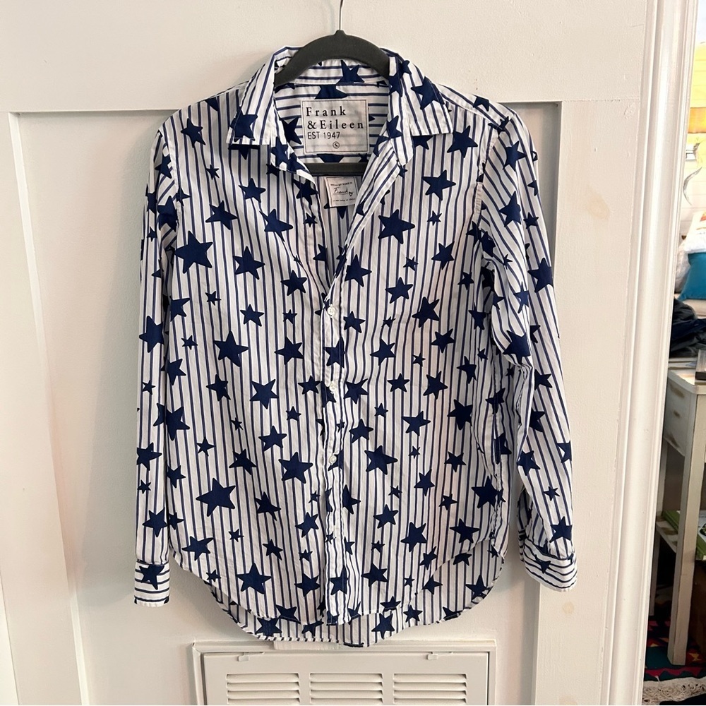 Frank & Eileen Frank Stars Stripes Superfine Poplin Button up Top Blue White - Picture 2 of 7